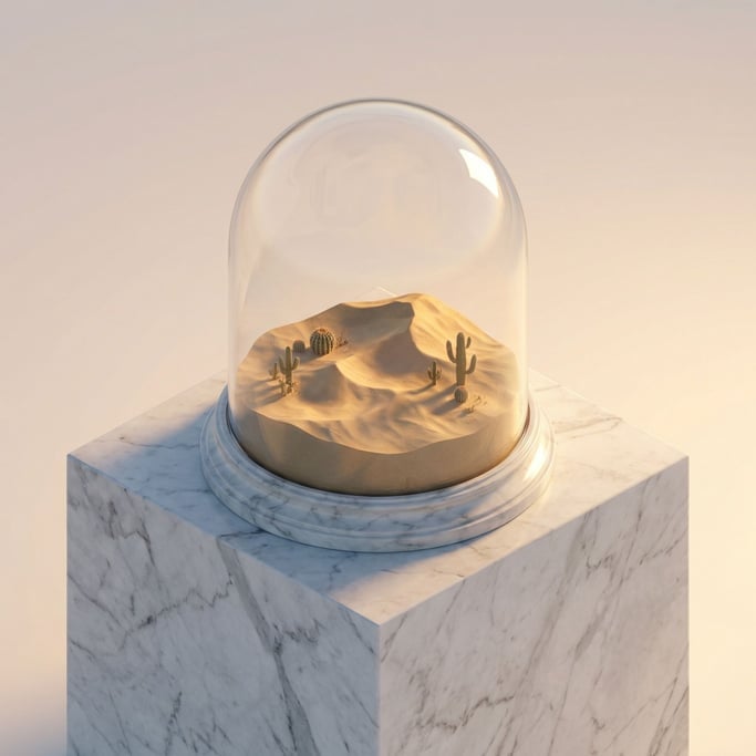 A miniature desert landscape enclosed in a glass dome, sand dunes and tiny cacti under curved glass (9tv0s5rx)