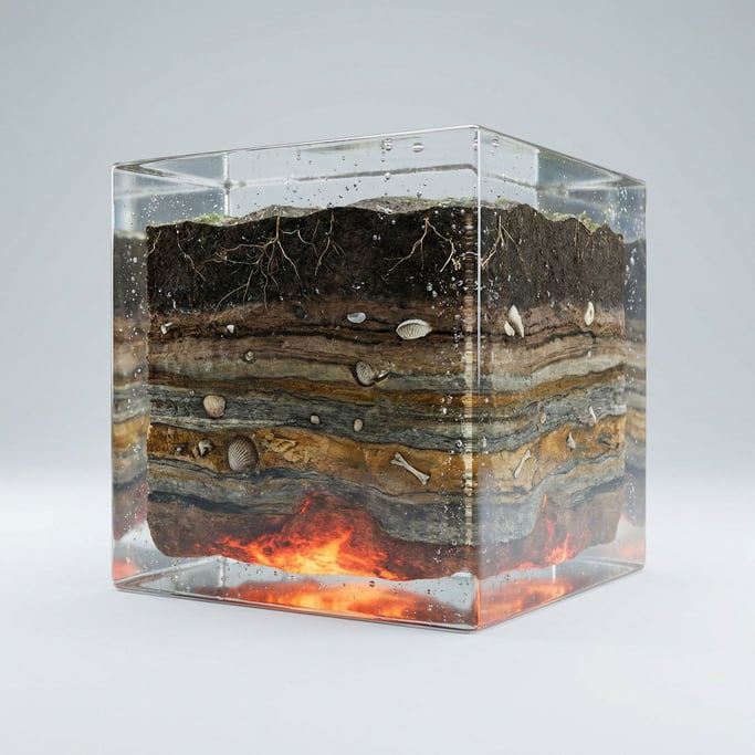 Cross-section of underground geological layers, soil and roots on top, rock strata, fossils