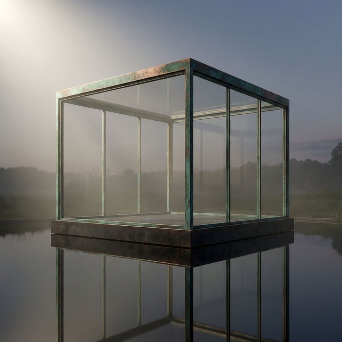 A modernist glass pavilion sitting in a perfectly still reflecting pool, minimal and serene (qko3zkub)