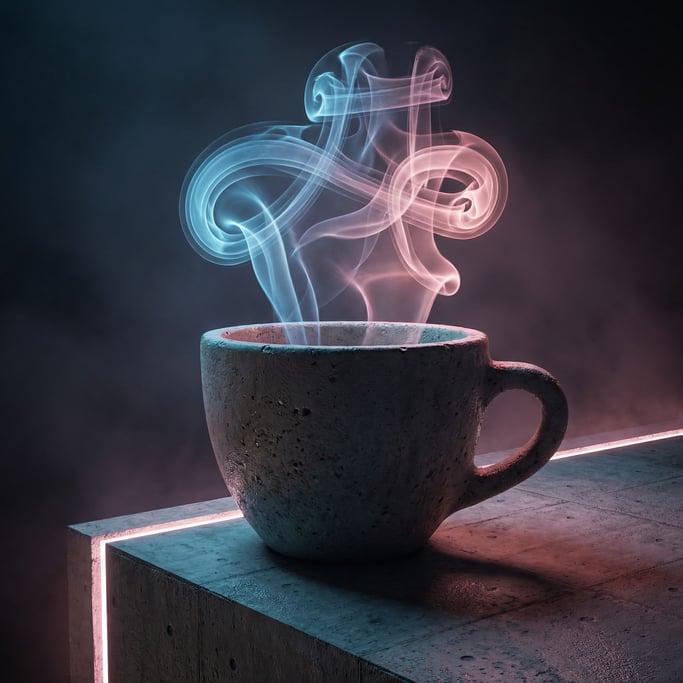 A coffee cup with steam rising and forming elaborate spiral sculptures above the rim