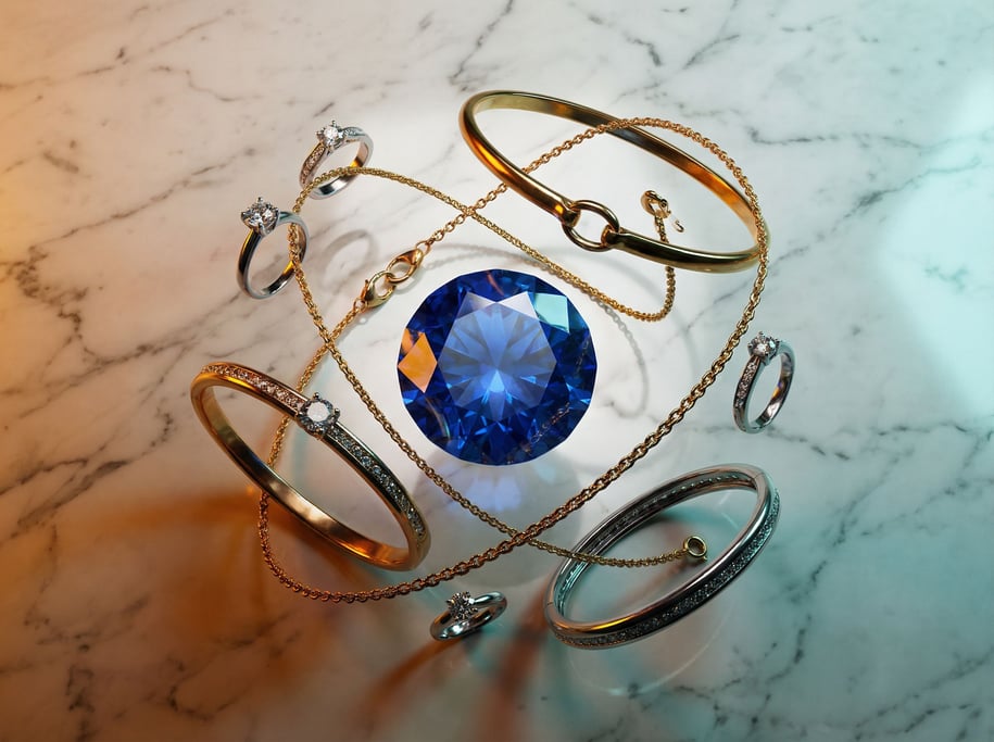 Jewelry pieces floating in a constellation arrangement, necklaces and rings orbiting a central gem (faww3ovi)