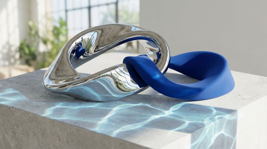 A Mobius strip made of polished chrome, twisted surface catching environmental reflections