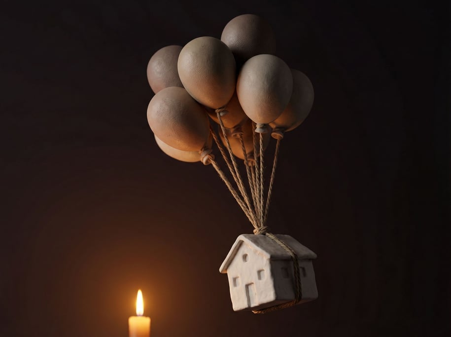 A cluster of balloons carrying a small white house upward, strings trailing below, whimsical ascent (fqneh19n)