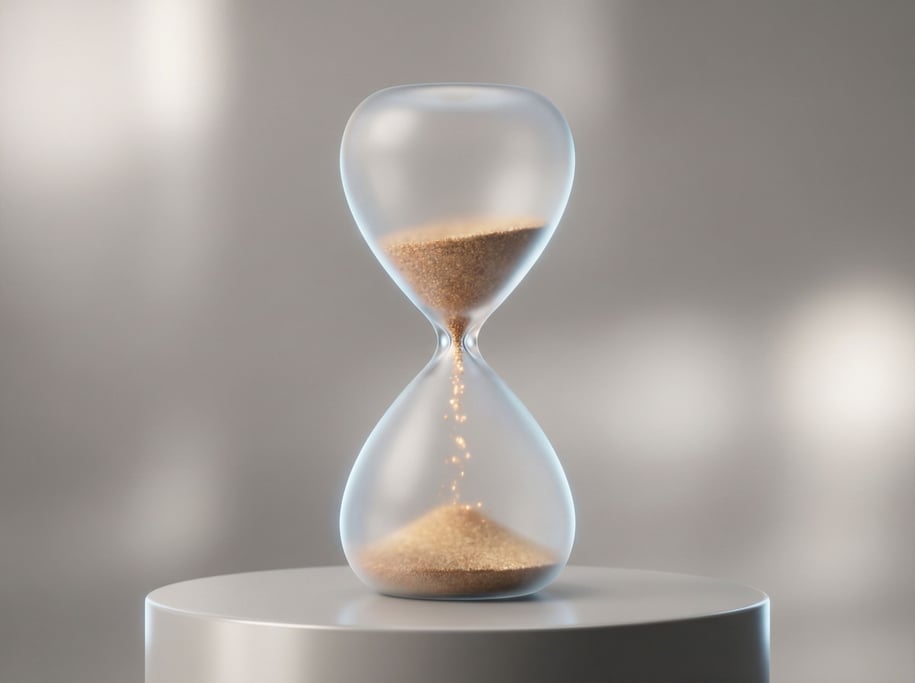 Sand flowing through an hourglass, each grain individually visible, time made tangible