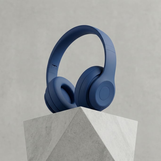 Minimalist headphones resting on a geometric concrete stand, product showcase with precise placement (r0tcjw4z)