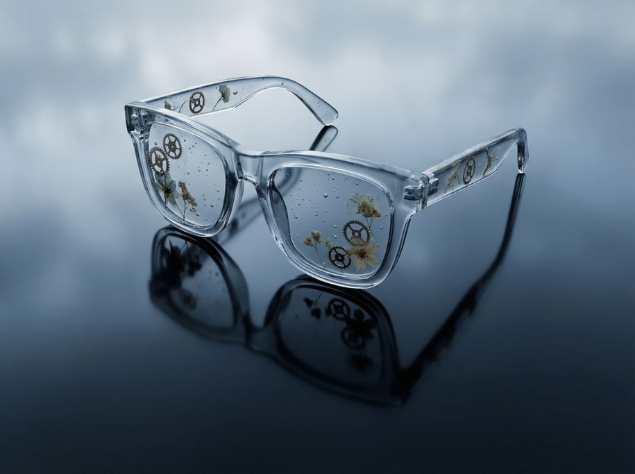 A pair of sunglasses floating above a reflective dark surface, sharp dramatic shadows underneath