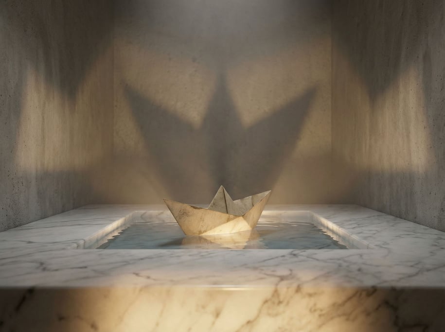 A paper boat floating on a small pool of still water on a concrete surface, tiny and contemplative