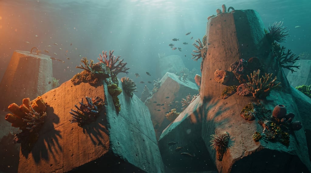 Coral formations growing on submerged geometric concrete blocks, organic reclaiming angular