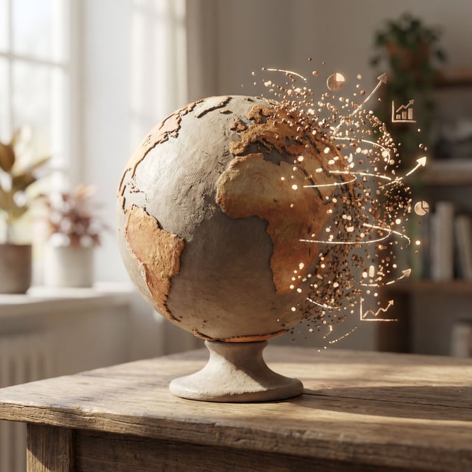 A globe dissolving into particles on one side, solid on the other, data visualization of change