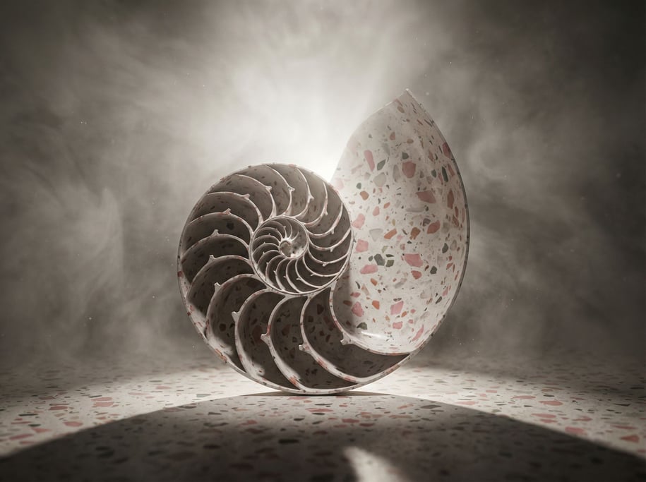 A nautilus shell cut in half revealing the perfect logarithmic spiral chambers inside (mrne2dd)