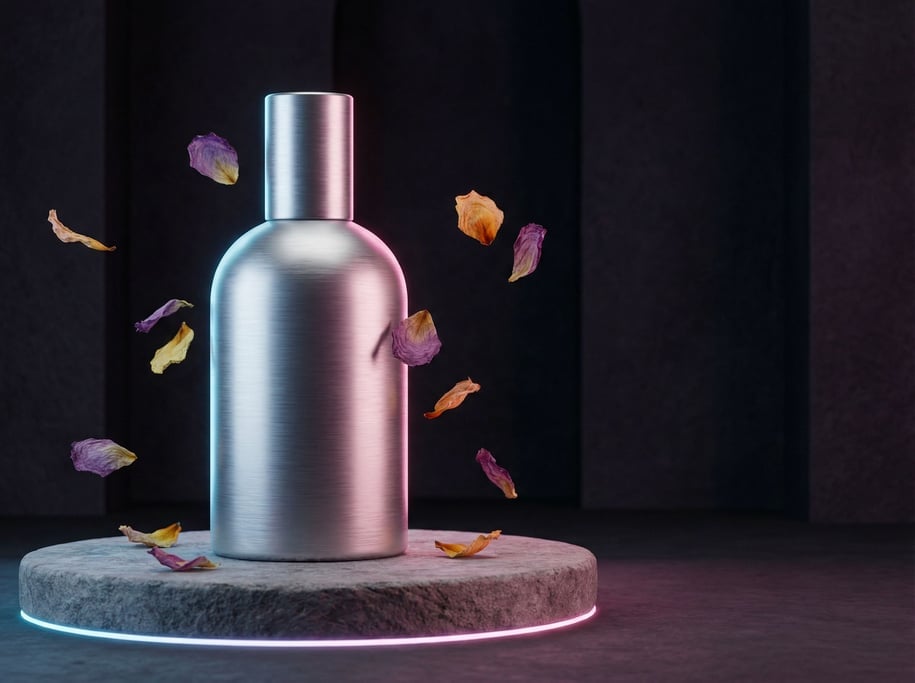A single perfume bottle on a circular stone pedestal, surrounded by floating dried flower petals (ffti0khc)