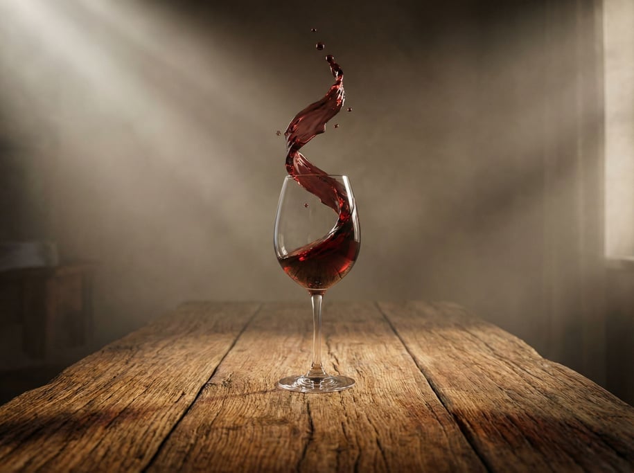 Wine glass with red liquid spiraling upward defying gravity, frozen mid-impossible-pour