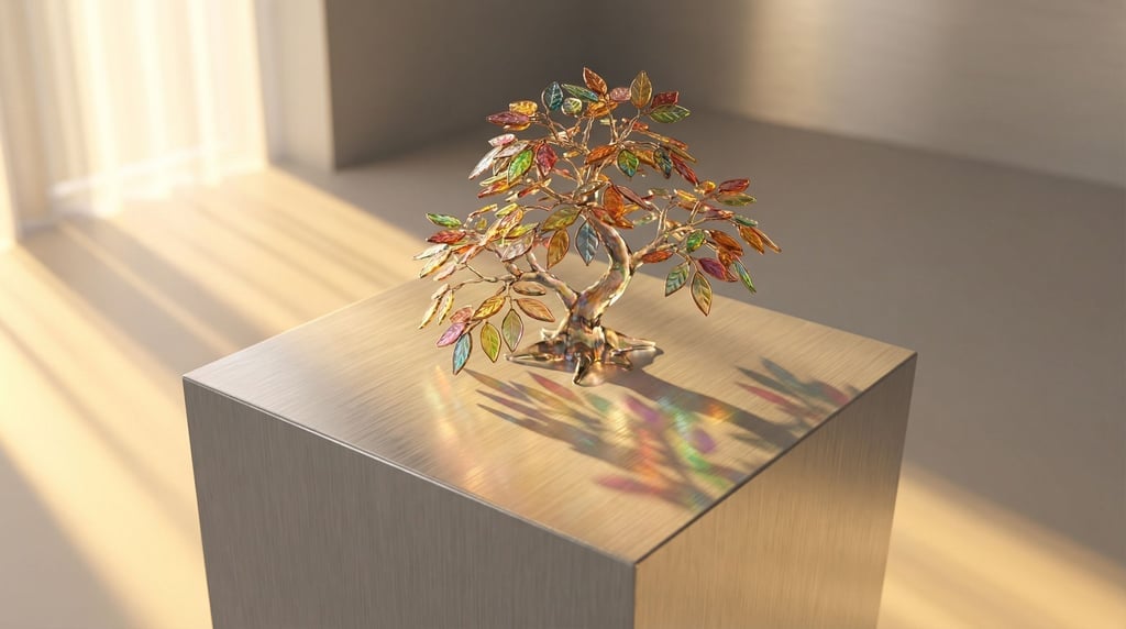 A bonsai tree with leaves made of thin colored glass, delicate and luminous, casting colored shadows