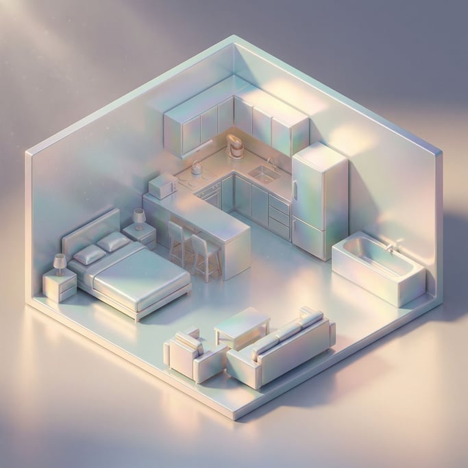 Isometric tiny apartment interior, every room visible from above (u3x)