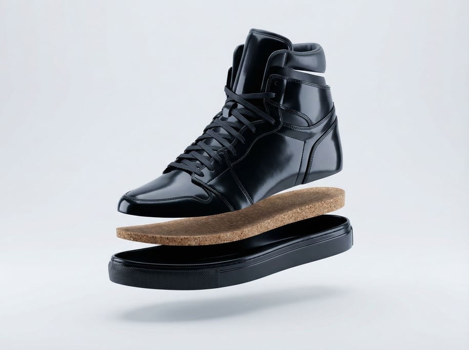 A sneaker deconstructed into floating parallel layers showing every material in the sole and upper (xcxedzo)