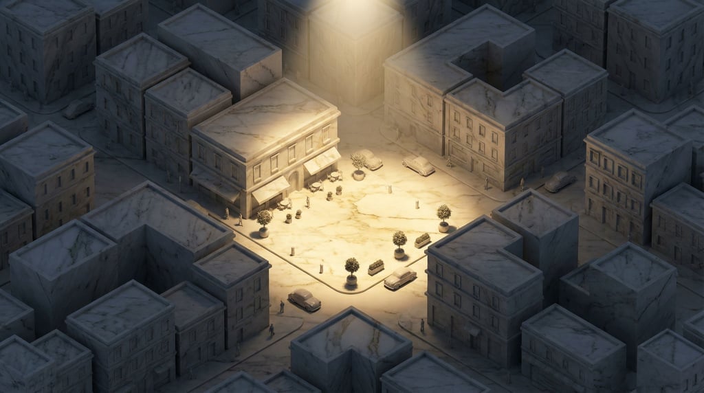 Isometric city block with cafes, trees, and tiny vehicles, warm toy-like scale, afternoon shadows (scycal52)