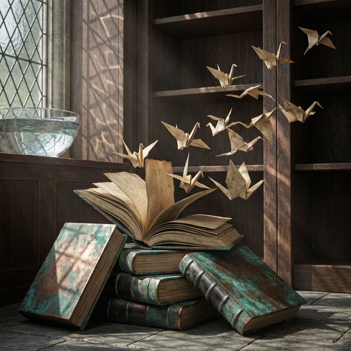 Books with pages unfurling and transforming into a flock of origami birds mid-flight (znd4fngl)