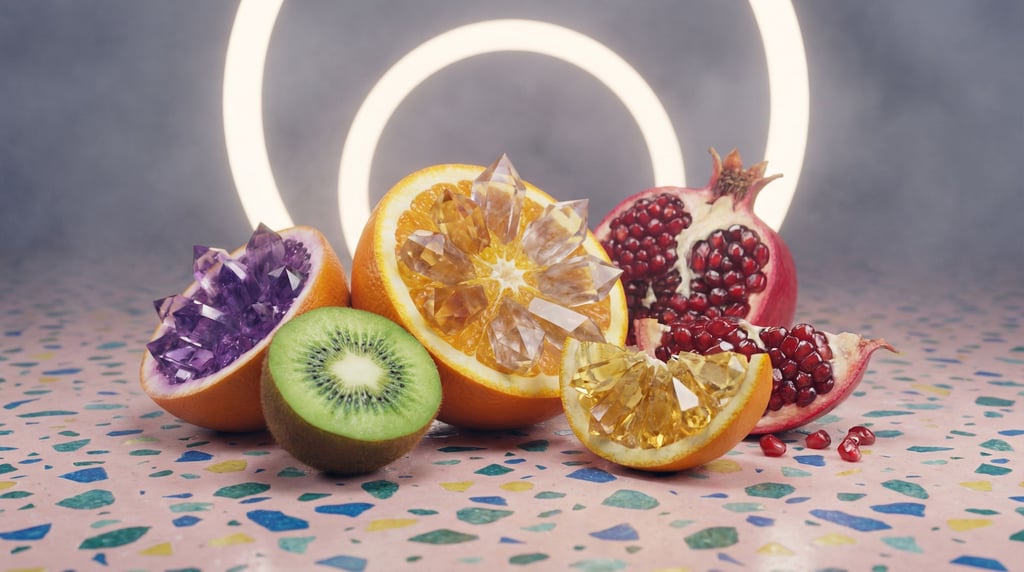 Fruits sliced in half revealing geometric crystal interiors instead of seeds and flesh (ovyoxupt)