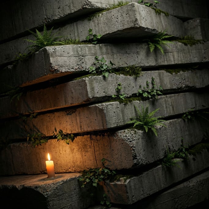 A stack of thin stone slabs with plants growing between each layer (2bzoxjph)