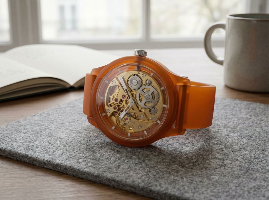 Gears and clockwork mechanism visible through a transparent watch case, intricate brass machinery (xkdywsia)