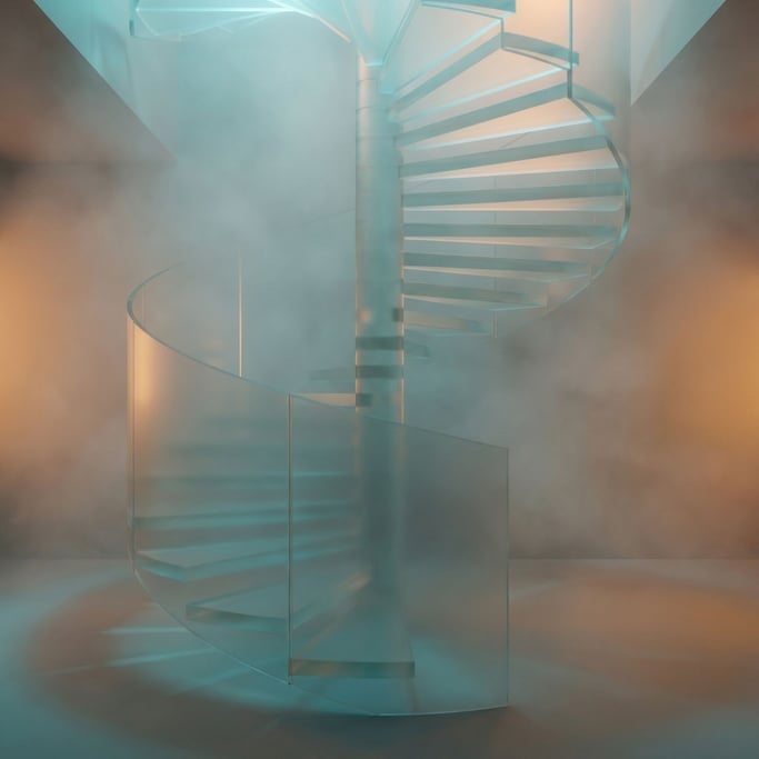 A spiral staircase made of translucent glass panels, ascending into soft fog above (ve6rxl)
