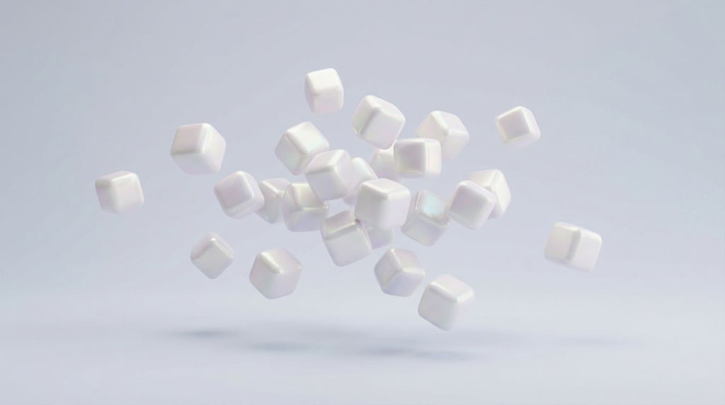 A cluster of soft rounded cubes floating in mid-air, scattered like dice frozen mid-throw (ycajicul)