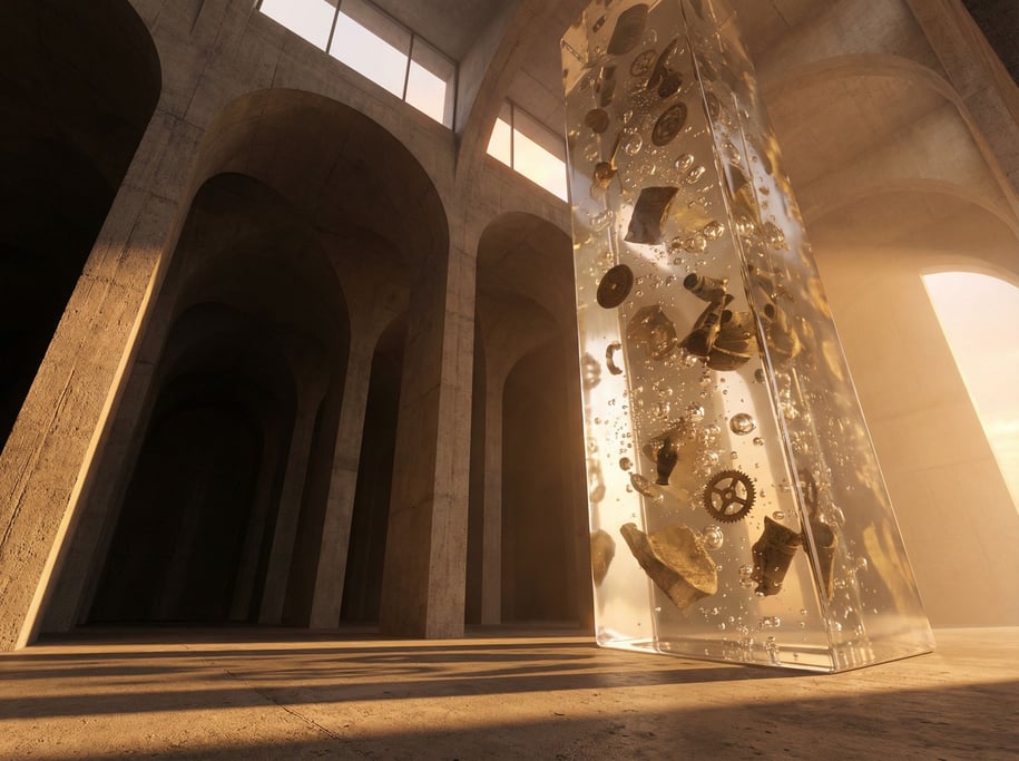 A brutalist concrete interior with dramatic arched doorways receding into shadow, monumental scale (lbwria3f)