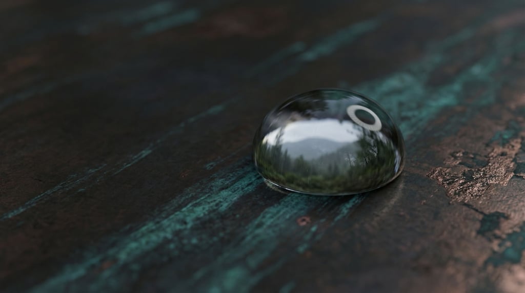 A raindrop at macro scale, the entire surrounding landscape visible refracted and inverted through t (6ozhggn4)