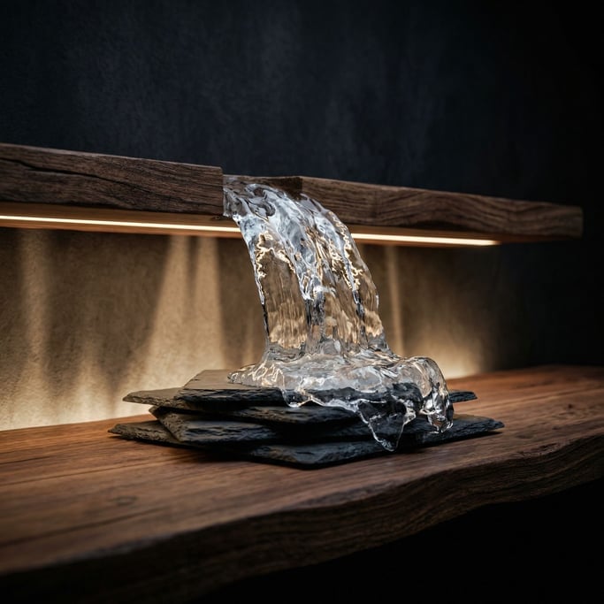 Water simulation frozen mid-pour over stacked stone plates (hm5ukqzb)