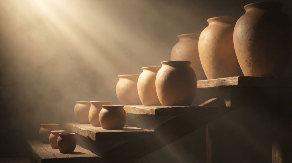 Ceramic vessels in varying sizes arranged on ascending shelves, a gradient from tiny to large (knpbzj9g)