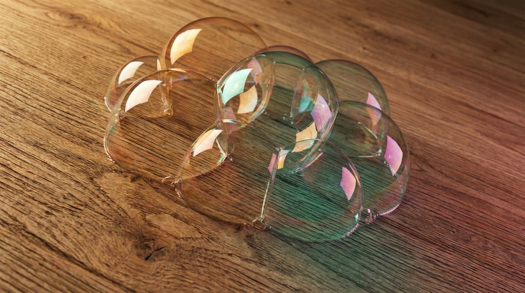 Soap bubbles clustered together, iridescent surfaces reflecting the studio environment (n37rzvtj)