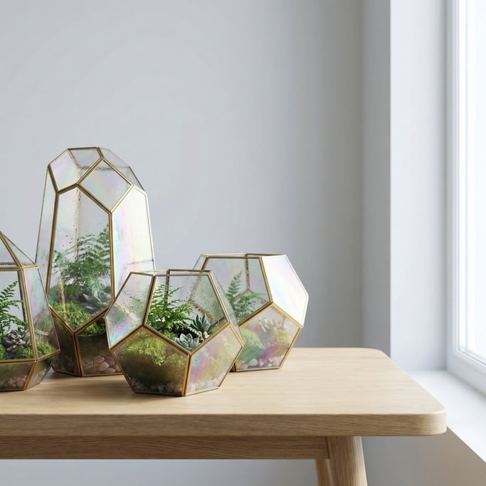 Geometric glass terrariums containing tiny ecosystems, brass frames, condensation on the inside (kfvm3vur)