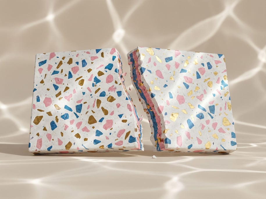 A chocolate bar snapping apart in slow motion, clean fracture lines revealing inner layers (l9k2teay)