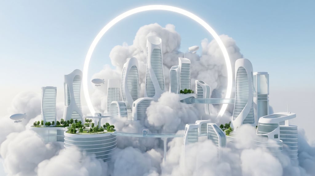 A city built on clouds, white modernist buildings perched on cumulus formations (y83sdxod)