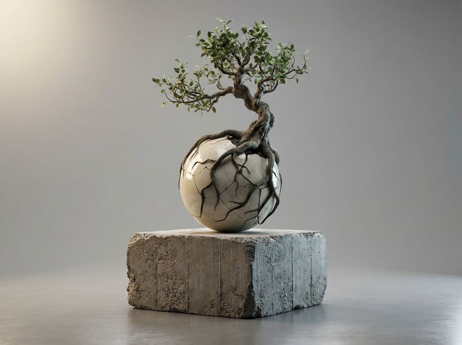 A tree growing from a cracked porcelain sphere, roots wrapping around the broken shell