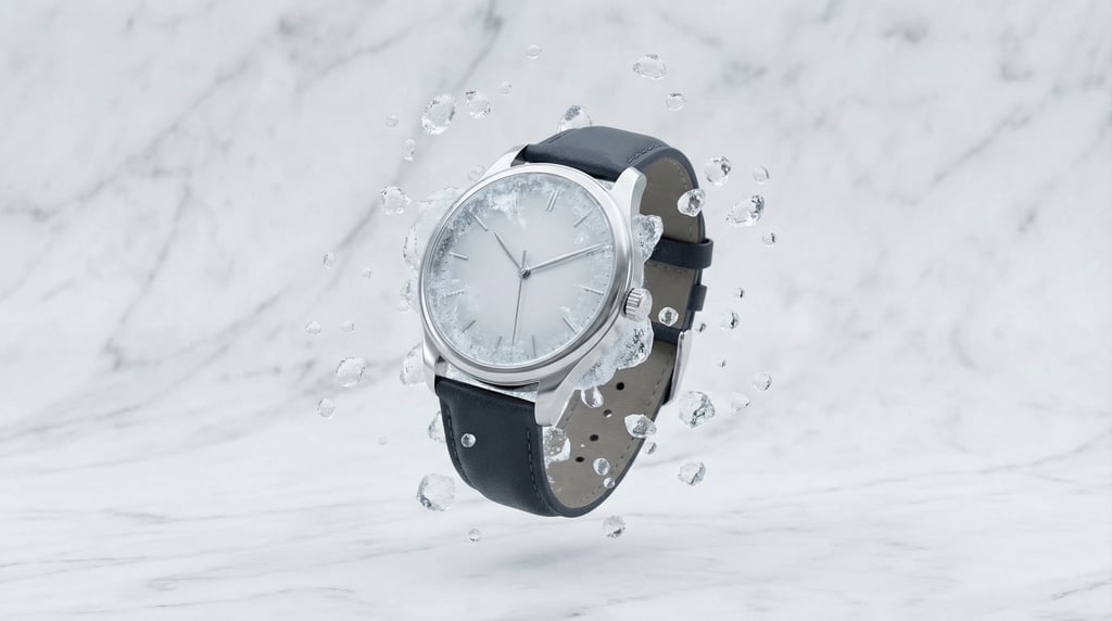 A wristwatch suspended among frozen water droplets, time stopped literally and figuratively (0cvjlfw)