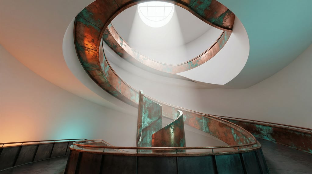A spiral ramp gallery interior, smooth white curved walls (awyqs5v)