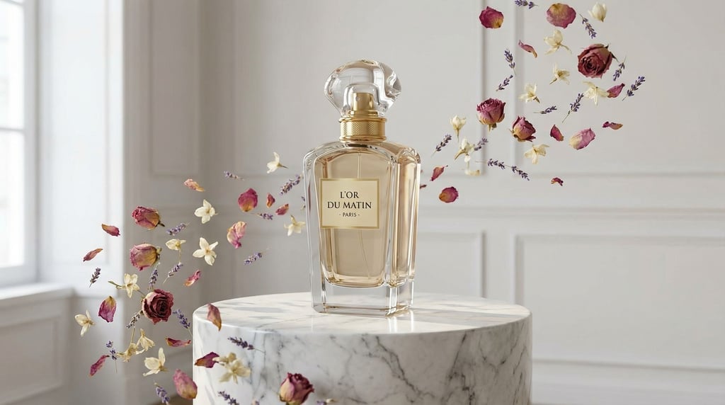 A single perfume bottle on a circular stone pedestal, surrounded by floating dried flower petals (viulf6)