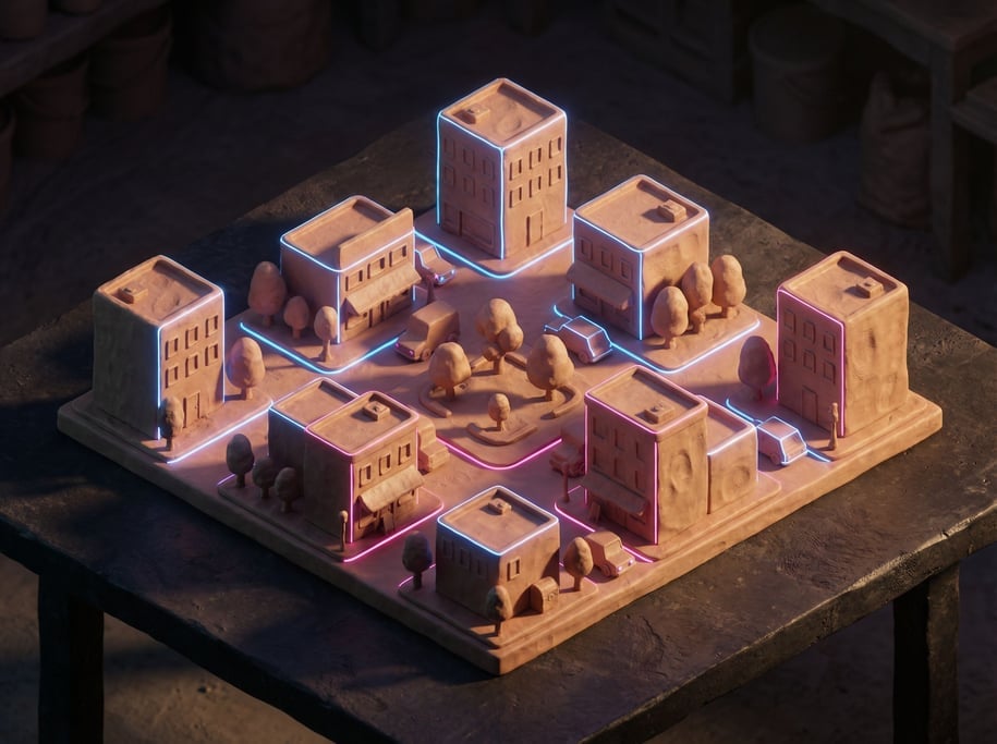 Isometric city block with cafes, trees, and tiny vehicles, warm toy-like scale, afternoon shadows (nuigsxej)