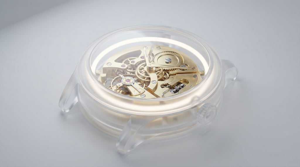 Gears and clockwork mechanism visible through a transparent watch case, intricate brass machinery (qtiuzaqj)