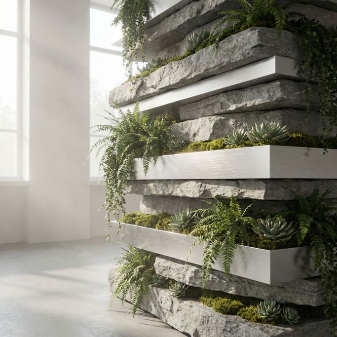 A stack of thin stone slabs with plants growing between each layer (seg9pu8a)