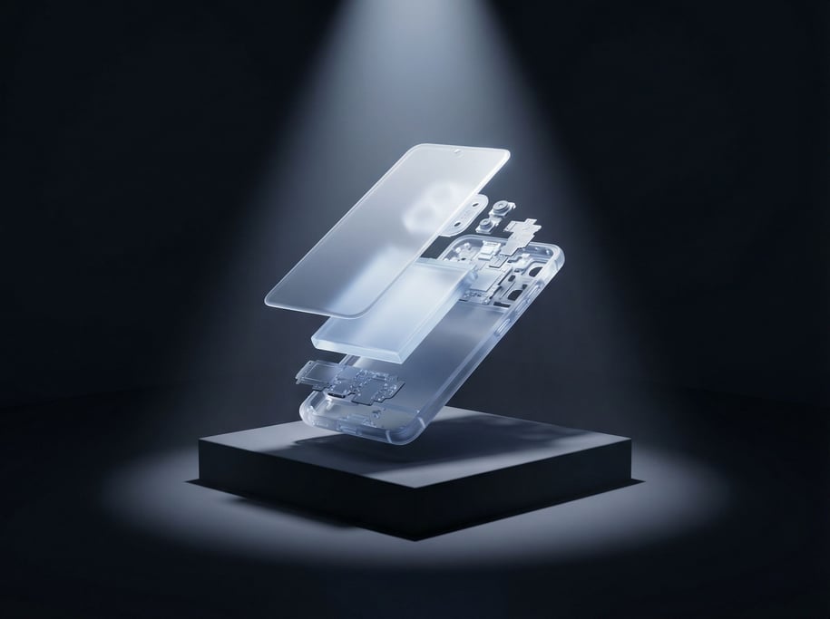 A smartphone exploded view, every component hovering in its correct position, layered transparency (ambr8mk)