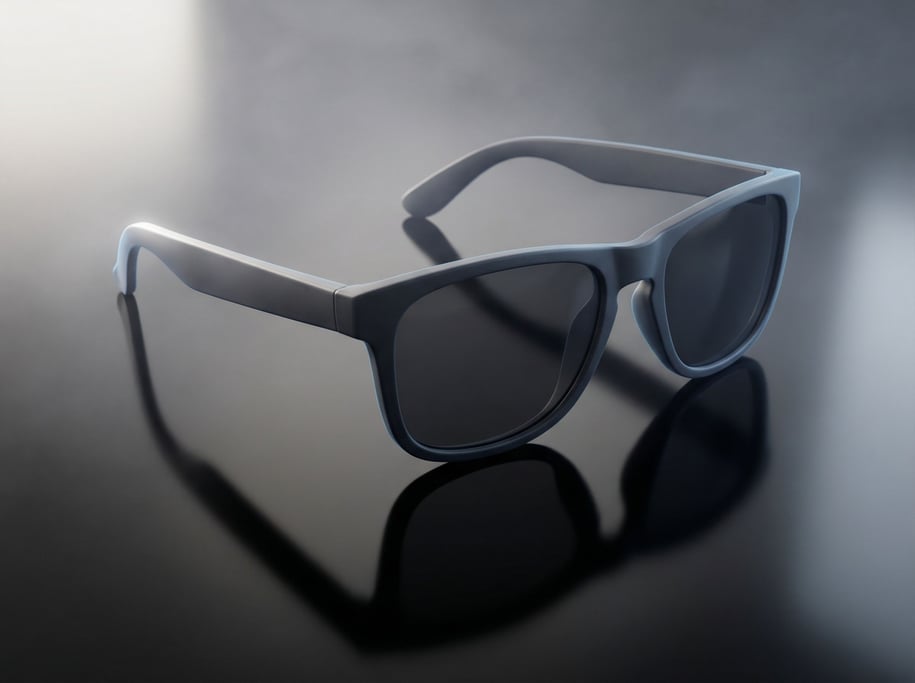 A pair of sunglasses floating above a reflective dark surface, sharp dramatic shadows underneath (2wobypn)