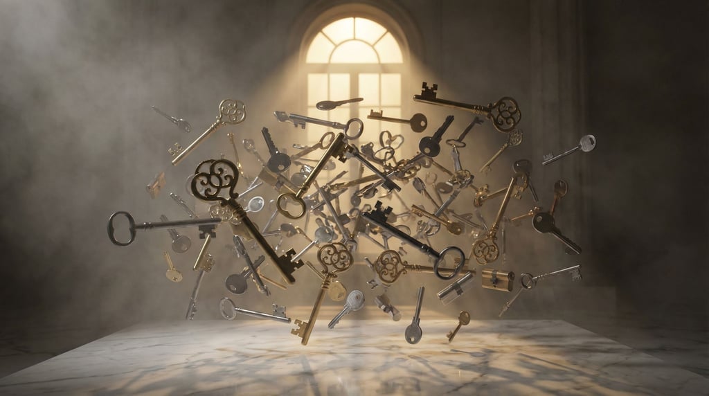 Keys of all shapes and sizes floating in a cloud formation, old skeleton keys and modern keys mixed (s6sc5zwp)