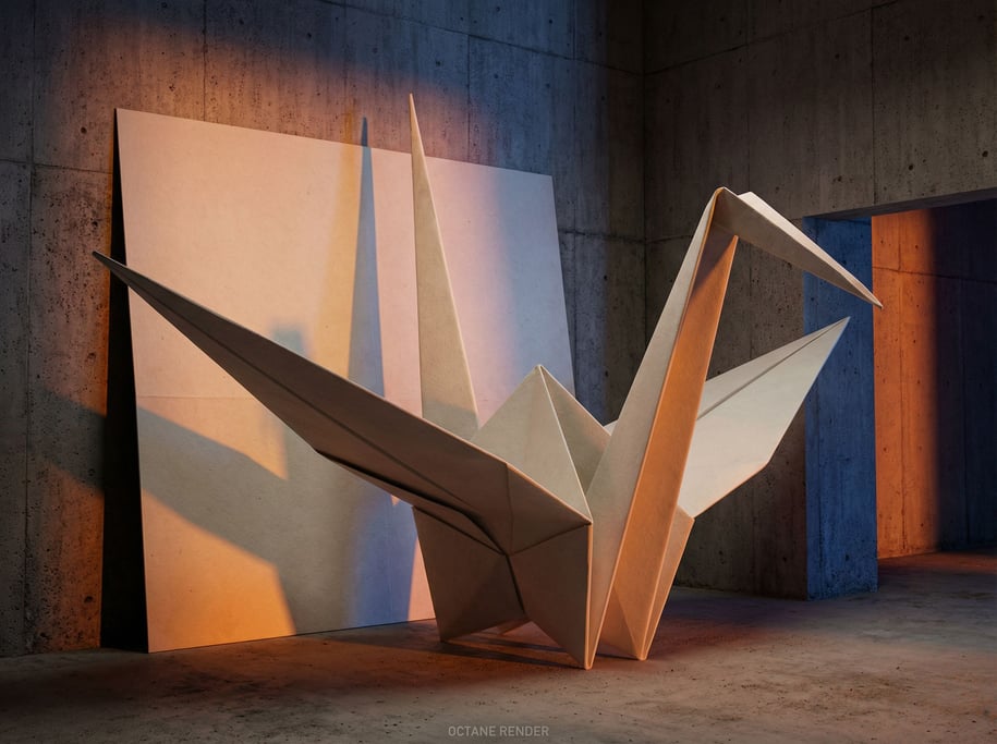 Origami crane mid-fold, crisp paper caught between flat sheet and finished form, transitional state (i0o8rycu)