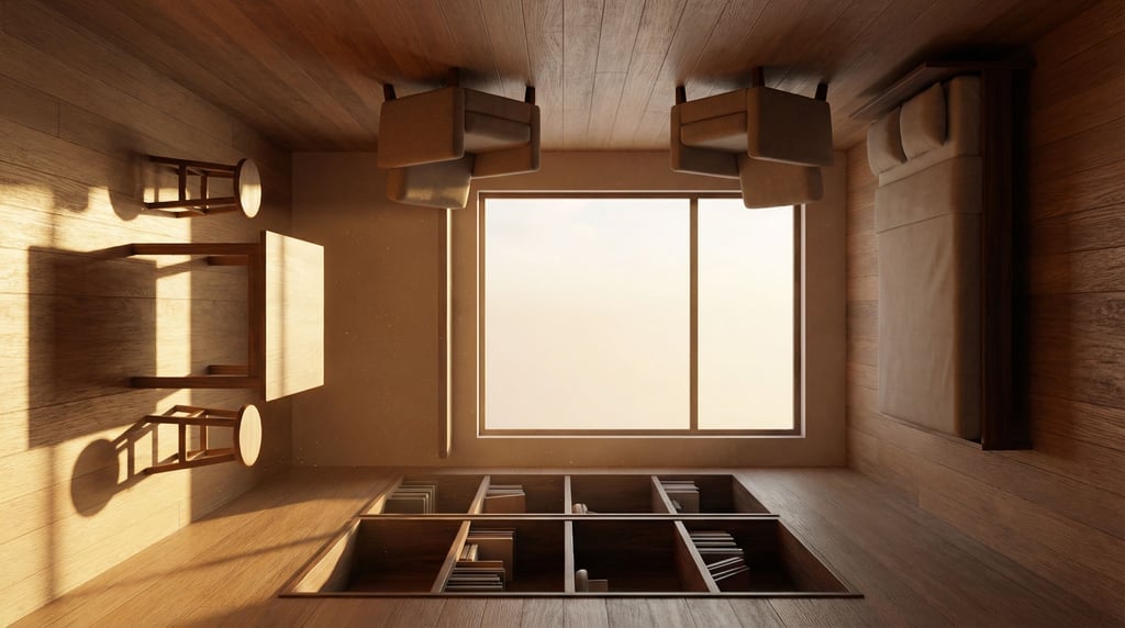 A room where gravity pulls furniture toward multiple walls, chairs on the ceiling, tables on walls