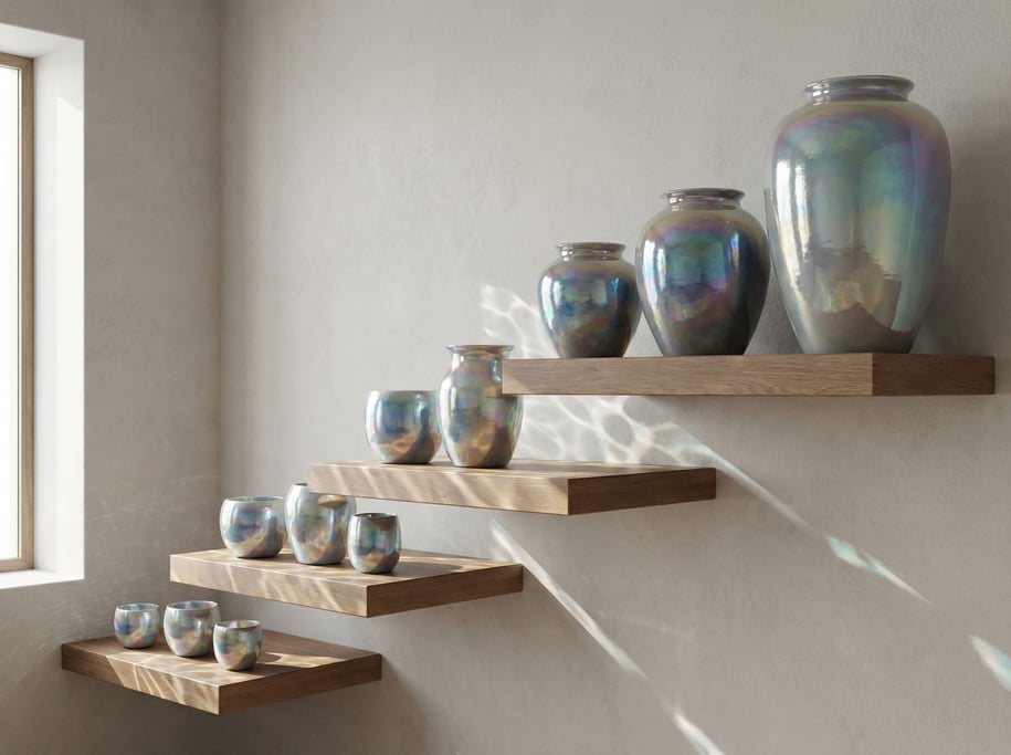 Ceramic vessels in varying sizes arranged on ascending shelves, a gradient from tiny to large (ppouuum3)