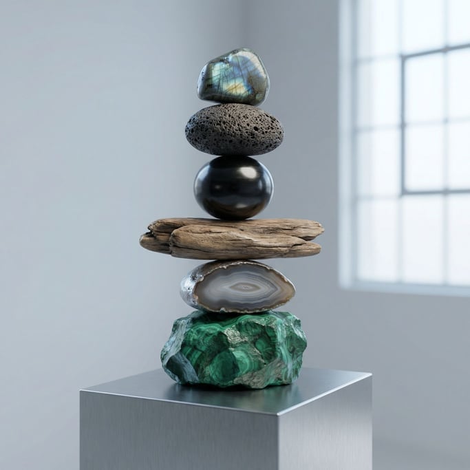 Stacked stones in a cairn formation, each stone a different exotic material, balanced and meditative (vog9fppy)