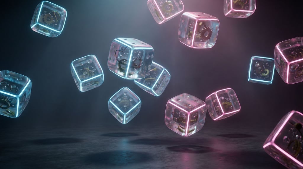 A cluster of soft rounded cubes floating in mid-air, scattered like dice frozen mid-throw (vtrh109)