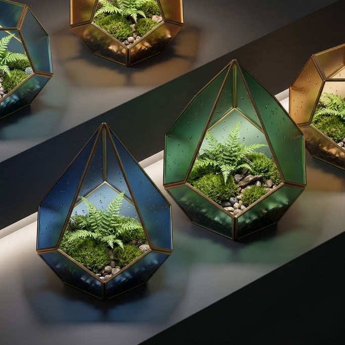 Geometric glass terrariums containing tiny ecosystems, brass frames, condensation on the inside (aw8a0sxo)
